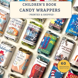 May include: A collection of rectangular candy wrappers featuring illustrations and titles from various children's books including Guess How Much I Love You, Where the Wild Things Are, Goodnight Moon, Frog and Toad Are Friends, and The Rainbow Fish.