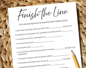 Finish the Line Book Game Printable | Children's Book Quiz | Baby Shower Party Game | Instant Download