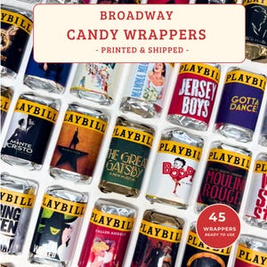 May include: A collection of rectangular candy wrappers featuring various Broadway musical themes. Each wrapper displays the Playbill logo at the top with specific show titles like Jersey Boys, The Great Gatsby, and Moulin Rouge in colorful designs.