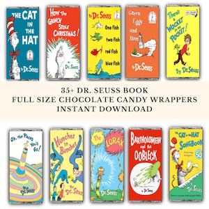 Op de afbeelding: Tien rechthoekige chocoladewikkels met illustraties van Dr. Seuss-boekomslagen, waaronder The Cat in the Hat, How the Grinch Stole Christmas en One Fish Two Fish Red Fish Blue Fish. De tekst luidt 35+ DR. SEUSS BOOK FULL SIZE CHOCOLATE CANDY WRAPPERS INSTANT DOWNLOAD.