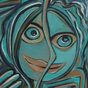 May include: Abstract painting of a face with blue eyes and a brown mouth. The face is painted in shades of teal, blue, and brown. The background is a mix of teal, blue, and white.