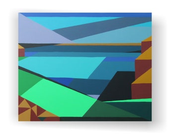 Geometric Ocean Landscape Painting, Ready to Hang Acrylic on Canvas, Contemporary Art