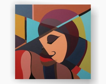 Abstract Geometric Wall Art, Original Painting, Woman Portrait Large Canvas Art