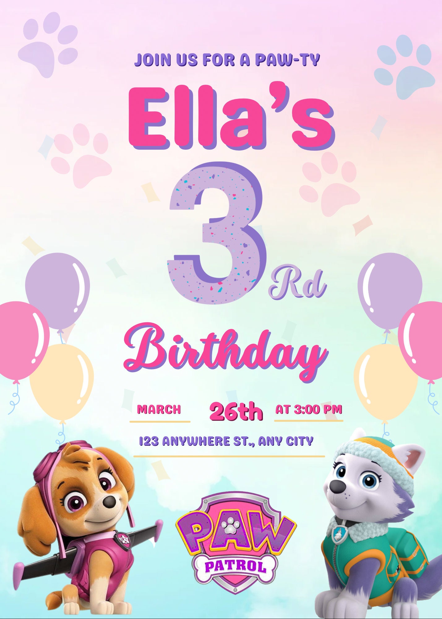 Editable paw patrol 3rd birthday invitation
