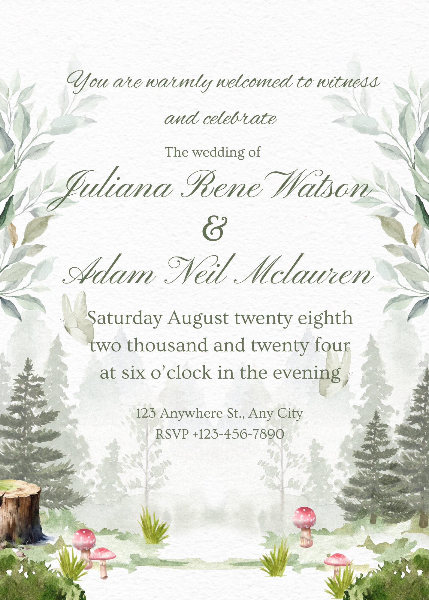 Cottage core wedding invitation front and back