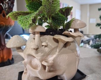 Skull & Mushroom Planter with Drip Tray – Creepy Skull Plant Pot – Gothic Home Decor – Oddities Desk Planter – 3D Printed Skull Pot