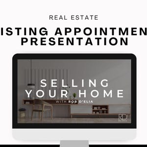 May include: A computer screen displaying a presentation titled "Selling Your Home" with the text "With Rob D'Elia" and the logo "RD Real Estate".