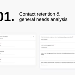K&ouml;nnte beinhalten: Ein wei&szlig;er Bildschirm mit einem Formular mit dem Titel "Kontakt & Allgemeine Informationen" mit Feldern f&uuml;r K&auml;ufernamen und Telefonnummern. Auf der rechten Seite des Bildschirms befinden sich vier Fragen zu den Kontaktdaten des K&auml;ufers, dem Umzugszeitplan und dem Status der Hypothekervorabgenehmigung.