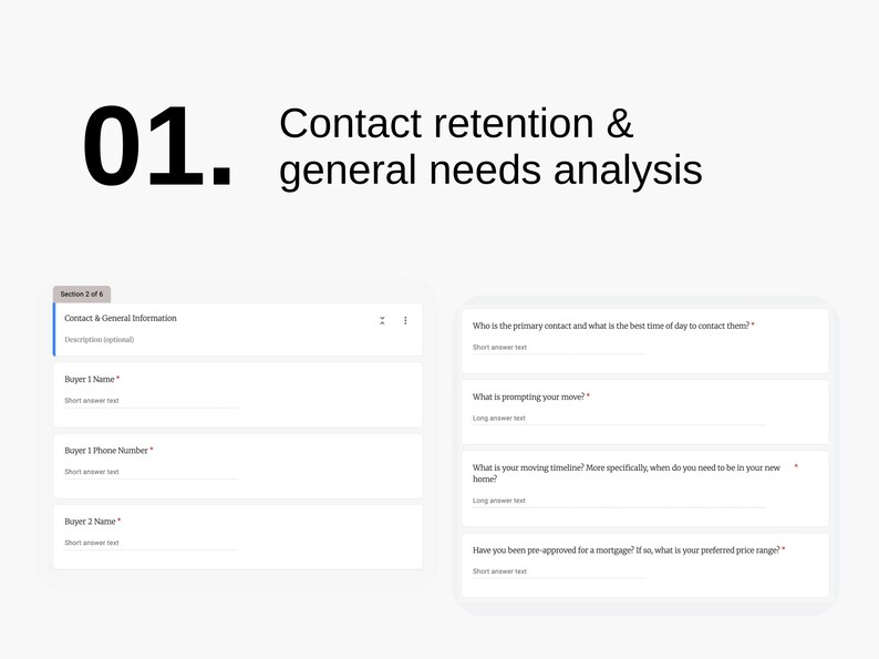 K&ouml;nnte beinhalten: Ein wei&szlig;er Bildschirm mit einem Formular mit dem Titel "Kontakt & Allgemeine Informationen" mit Feldern f&uuml;r K&auml;ufernamen und Telefonnummern. Auf der rechten Seite des Bildschirms befinden sich vier Fragen zu den Kontaktdaten des K&auml;ufers, dem Umzugszeitplan und dem Status der Hypothekervorabgenehmigung.