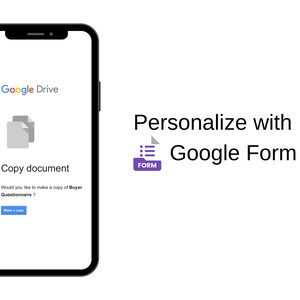 K&ouml;nnte beinhalten: Ein Screenshot einer Google Drive-Mobil-App auf einem Smartphone. Die App fragt, ob der Benutzer eine Kopie eines K&auml;uferfragebogens erstellen m&ouml;chte. Der Text "Personalisieren mit Google Forms" wird &uuml;ber dem Smartphone angezeigt.