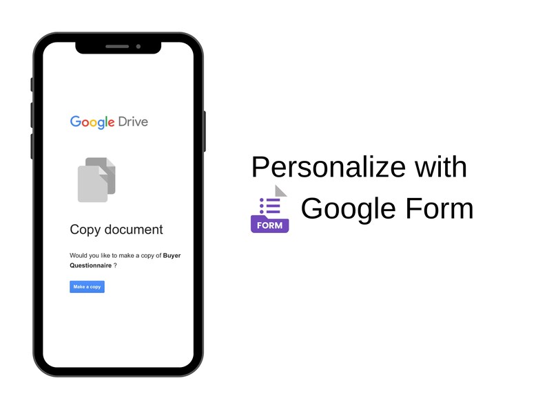K&ouml;nnte beinhalten: Ein Screenshot einer Google Drive-Mobil-App auf einem Smartphone. Die App fragt, ob der Benutzer eine Kopie eines K&auml;uferfragebogens erstellen m&ouml;chte. Der Text "Personalisieren mit Google Forms" wird &uuml;ber dem Smartphone angezeigt.