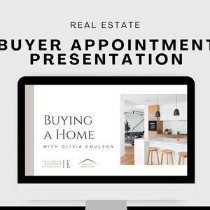 May include: A computer screen displaying a real estate presentation titled "Buying a Home" with Olivia Coulson. The presentation features a modern kitchen with white cabinets, wooden countertops, and black pendant lights.