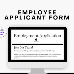 Peut inclure: Un écran d'ordinateur affichant un formulaire de candidature pour Simple Cloth. Le titre du formulaire est "Demande d'emploi" et le texte indique "Rejoignez notre équipe !" Merci beaucoup pour votre intérêt à rejoindre la famille Simple Cloth ! Êtes-vous un autodidacte avec une attitude positive, sociable et souhaitez-vous avoir l'opportunité de gravir les échelons de la vente au détail avec des avantages supplémentaires, notamment des réductions et des événements exclusifs ?"