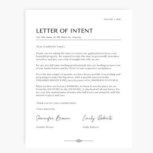 Può includere: Una lettera di intenti stampata su carta bianca. Il testo include la data, un titolo e una descrizione dettagliata dell'intento. Le firme di Jennifer Brown ed Emily Roberts sono in basso.