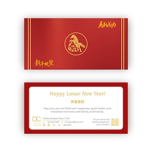 May include: Red Lunar New Year business card with gold accents. The front features Chinese characters and a horse illustration. The back has a white background with text wishing a Happy Lunar New Year and contact information.