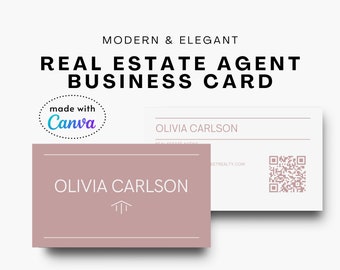 Real Estate Agent Business Card | Professional Two-Sided Canva Template with QR Code | Chic Modern Pink Rose Luxury Realtor Branding Card