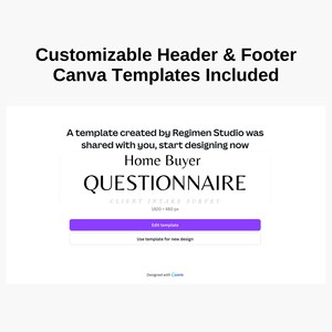 K&ouml;nnte beinhalten: Ein violetter Button mit der Aufschrift "Vorlage bearbeiten" und ein wei&szlig;er Button mit der Aufschrift "Vorlage f&uuml;r neues Design verwenden". Der Text "QUESTIONNAIRE" ist in einer gro&szlig;en, fetten Schrift &uuml;ber den Buttons. Der Text "CLIENT INTAKE SURVEY" ist in einer kleineren Schrift unter dem Wort "QUESTIONNAIRE". Der Text "1920 x 480 px" ist in einer noch kleineren Schrift unter dem Text "CLIENT INTAKE SURVEY".