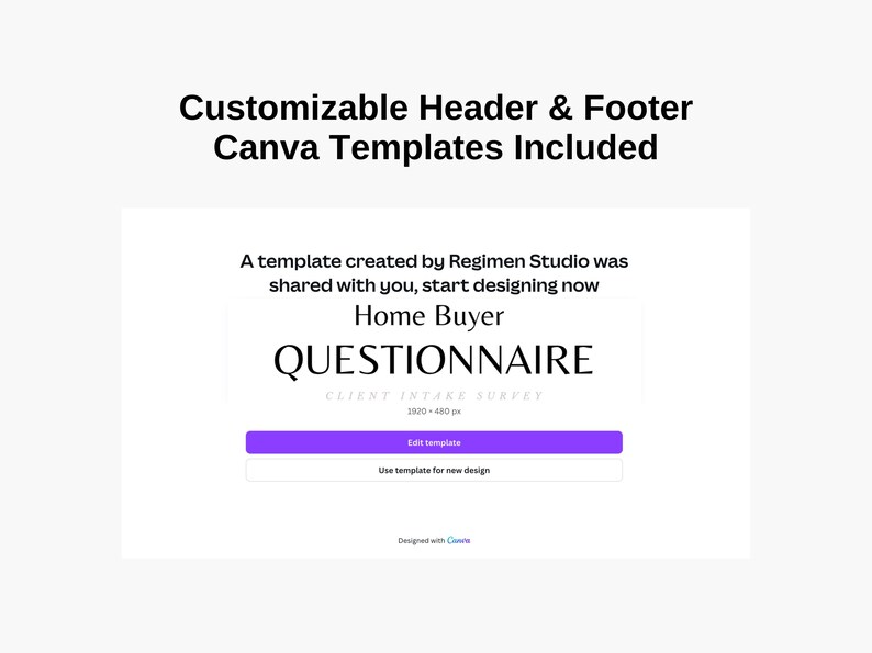 K&ouml;nnte beinhalten: Ein violetter Button mit der Aufschrift "Vorlage bearbeiten" und ein wei&szlig;er Button mit der Aufschrift "Vorlage f&uuml;r neues Design verwenden". Der Text "QUESTIONNAIRE" ist in einer gro&szlig;en, fetten Schrift &uuml;ber den Buttons. Der Text "CLIENT INTAKE SURVEY" ist in einer kleineren Schrift unter dem Wort "QUESTIONNAIRE". Der Text "1920 x 480 px" ist in einer noch kleineren Schrift unter dem Text "CLIENT INTAKE SURVEY".