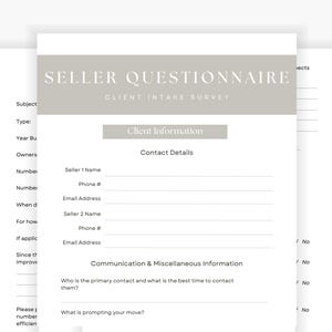 以下が含まれることがあります： 薄いグレーのフォントで「SELLER QUESTIONNAIRE」というタイトルが付いた白い紙のフォームのスタック。フォームには、クライアント情報、連絡先の詳細、およびコミュニケーション情報に関するセクションが含まれています。フォームは不動産取引向けです。