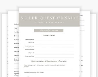 Real Estate Seller Questionnaire, Client Intake Form (Canva Template, Digital Download)