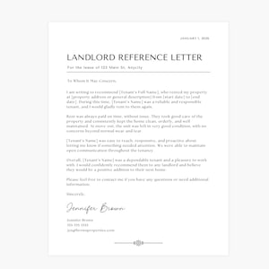 May include: A white Landlord Reference Letter template with the text "LANDLORD REFERENCE LETTER" at the top. The letter is addressed "To Whom It May Concern" and includes details about a tenant's rental history. The letter is signed by Jennifer Brown.