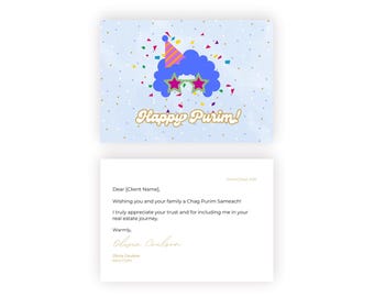 Purim Card for Clients Editable Template Home Sale Real Estate Agents Customizable Jewish Holiday Thank You Foldable Canva Digital Download