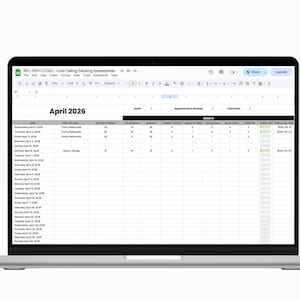 May include: A silver laptop displaying a spreadsheet titled "Cold Calling Tracking Spreadsheet" for April 2026. The spreadsheet includes columns for leads, appointments booked, and total stats, with data entries for various service areas.