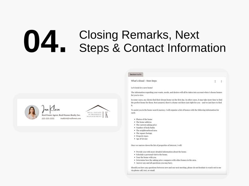 K&ouml;nnte beinhalten: Eine wei&szlig;e Visitenkarte mit einem Frauenportr&auml;t, dem Namen "Ina Klein" und dem Text "Real Estate Agent, Real Homes Realty Inc." und "Real Estate & Property Management". Die Karte enth&auml;lt auch ein Logo mit den Initialen "IK".