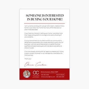 Könnte beinhalten: Ein weißer Flyer mit schwarzem Text, der lautet: „JEMAND IST INTERESSIERT, IHR ZUHAUSE ZU KAUFEN!“. Der Flyer enthält eine Nachricht von Olivia Coulson, REALTOR, und ihre Kontaktinformationen. Der untere Teil des Flyers hat ein rotes Banner mit einem Logo.