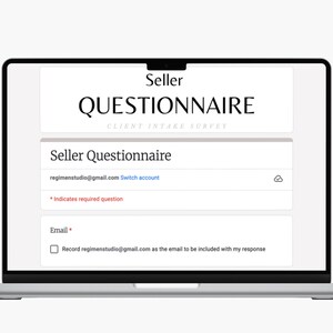 以下が含まれることがあります： 「Seller Questionnaire」と「regimenstudio@gmail.com」というテキストが表示された、販売者向けのアンケートフォームが表示されているラップトップの画面。このフォームには、回答に含めるメールアドレスを記録するためのチェックボックスが含まれています。