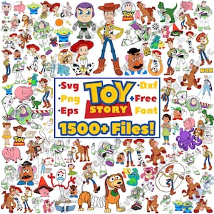 May include: A colorful collage of Toy Story characters, including Woody, Buzz Lightyear, Jessie, and Mr. Potato Head. The image includes the text "Toy Story" and "1500+ Files!" and lists file types: SVG, PNG, EPS, and DXF.