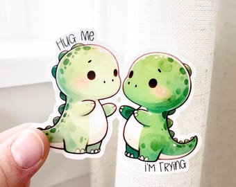Knuffel me, ik probeer het, schattige sticker aquarel dinosaurussen