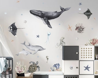 Watercolor Ocean Wall Decals: Whale, Dolphin, Nursery Decor