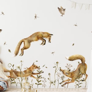 Watercolor Fox Wall Decals – Woodland Nursery Stickers – Forest Animal Wall Art – Baby Room Decor – Foxes in the Meadow