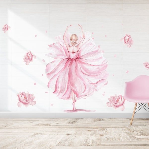 Pink Ballerina Wall Decal - Watercolor Ballet Dancer - Ballet class Decal - Flower Wall Decal - Vintage Peonies Decal - Pink Peonies Decal