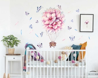 Floral Hot Air Balloon Wall Decals: Watercolor Butterfly Nursery Decor