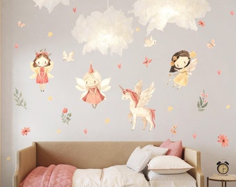 Watercolor Fairies and Unicorn Wall Decal - Girl Nursery Decor
