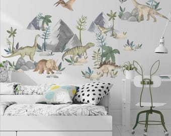 Watercolor Dinosaur Wall Decals, Stegosaurus T-Rex Triceratops Mural, Removable Boys Room Art
