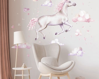 Watercolor Unicorn Wall Decal: Nursery Decor, Stars & Clouds