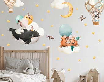 Watercolor Nursery Wall Decals: Whale, Bear, Hot Air Balloon, Stars & Clouds