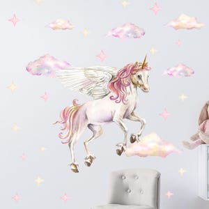 Magic Unicorn with Moon Clouds Stars Wall Sticker- Watercolour Unicorns Wall Decal-Girls Room Stars Horse Cloud - Sky Unicorn Wall Sticker