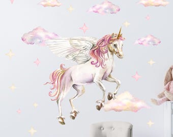 Watercolor Unicorn Wall Decal: Moon, Stars, Clouds - Girls Room Decor