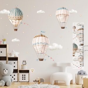 Hot Air Balloon Wall Decal - Retro Air Balloon Nursery Wall Art - Watercolor Sky Clouds Wall Stickers - Hot Air Balloon Kids Wall Decor