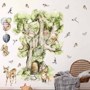 Fairy Tale Treehouse Wall Decal – Watercolor Tree House Sticker – Woodland Nursery Wall Art – Big Tree Kids Room Decor – Forest Wall Decal