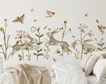 Aquarell Hasen Wandtattoos: Wiese Wildblumen Kinderzimmer Dekor