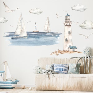 Sea Lighthouse Wall Decal - Boho Navy Wall Decal - Lighthouse Wall Art - Nursery Navy Prints- Sea Lighthouse Wall Stickers