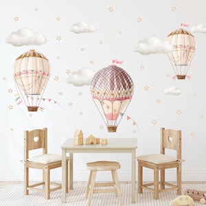 Hot Air Balloons Wall Decal -Retro Air Balloon Nursery Wall Art - Watercolor Sky Clouds Wall Stickers - Pink Hot Air Balloon Girl Wall Decor