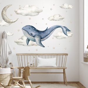Watercolour Whale Wall Decal - Marine Dreams Wall Decal - Whales in Sky Wall Decals