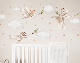 Watercolor Geese Nursery Wall Decals: Animals, Clouds & Stars