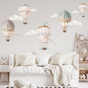 Hot Air Balloon Wall Decal - Retro Air Balloon Nursery Wall Art - Watercolor Sky Clouds Wall Stickers - Hot Air Balloon Kids Wall Decor